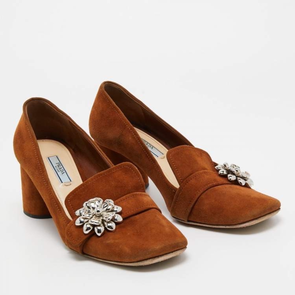 Prada Cognac Loafer Heels with Silver flower